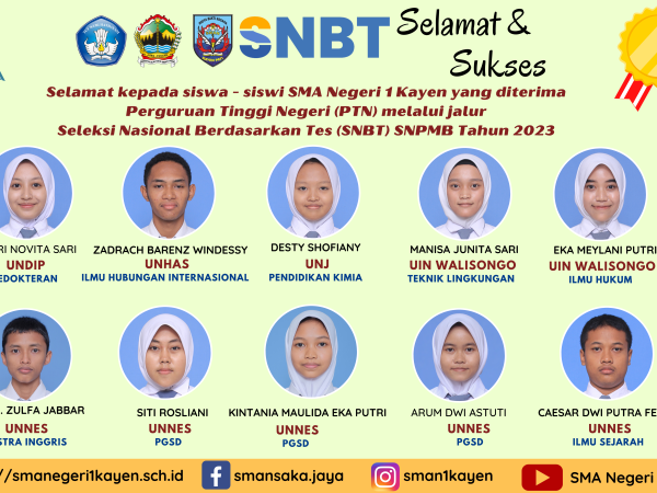 Selamat dan Sukses siswa-siswi SMA Negeri 1 Kayen yang diterima PTN Jalur SNBT SNMBP Tahun 2023